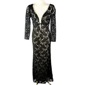 La Femme Black Sparkle Stretch Lace Open Back Sheath Gown Size 4 Small Mermaid